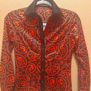 Kids Skull Paisley Orange Button Down Long Sleeve Shirts Blouses Western